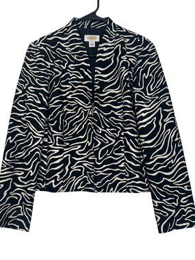 Talbots Women SZ 6 Black & White Zebra Print Crop Blazer Jacket Silk/Wool Blend